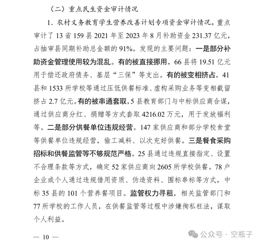 审计报告揭示农村学生营养餐补助资金被挪用